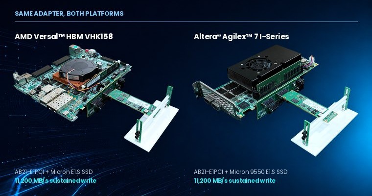 AB21-E1PCI with Micron E1.S SSD on AMD Versal HBM VHK158 and Altera Agilex 7 I-Series boards