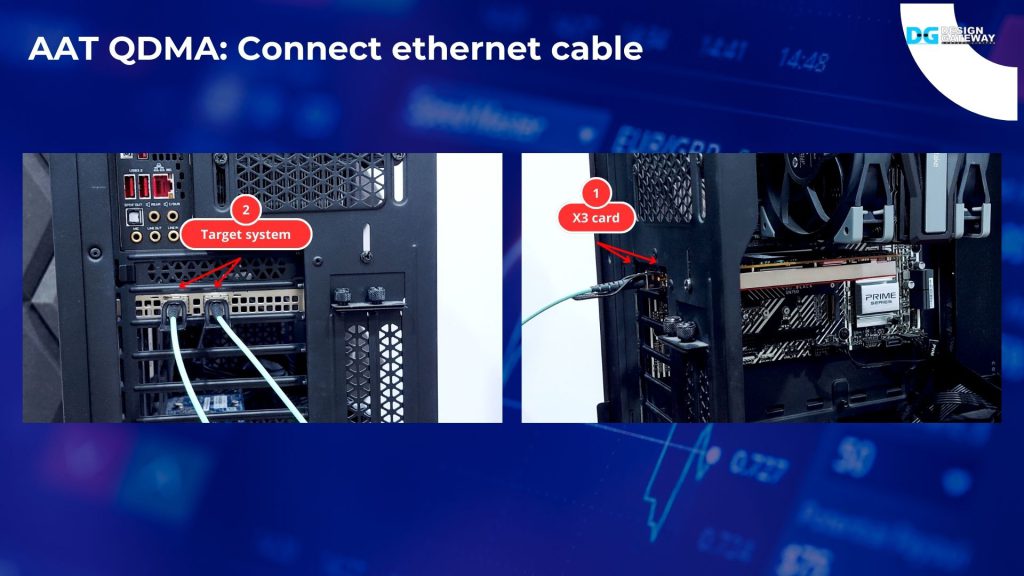 To run the AAT QDMA demo, First, connect the Ethernet cable between the X3 card and the target system.