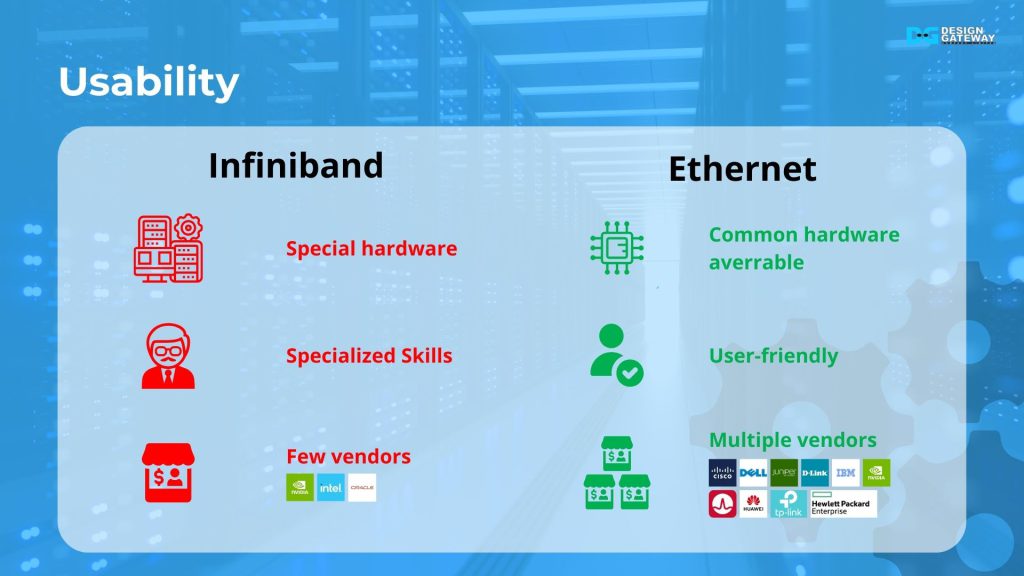 The last aspect is the usability. InfiniBand depends on specialized, lossless hardware, requiring expert skills to manage and maintain. Its ecosystem is also limited to a few vendors, which can increase complexity and vendor lock-in.

Meanwhile, Ethernet is more ubiquitous, backed by multiple vendors. Its user-friendly design, protocol-based reliability, and widespread adoption make it easier to deploy, integrate, and scale.