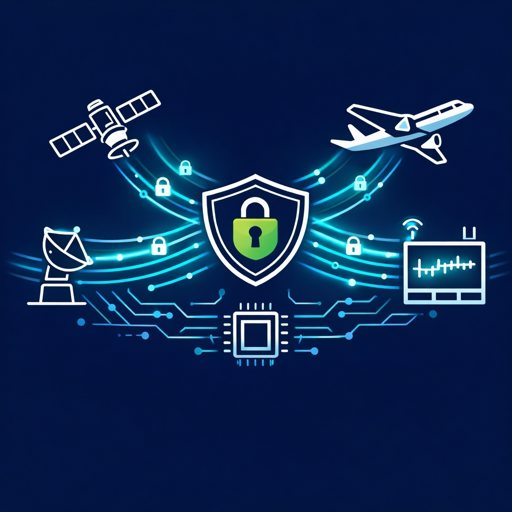 Defense and aerospace communication systems secured by hardware-based QUIC acceleration on FPGA, depicting encrypted data links between satellites, aircraft, ground stations, and mission control, with security shield and lock icons representing TLS 1.3 protection, deterministic high-throughput data transfer, and resilient networking for mission-critical and real-time defense applications.