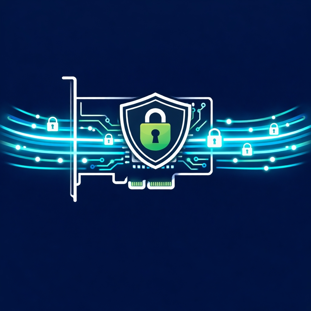 FPGA-based smart NIC and network accelerator enabling hardware-accelerated QUIC processing, with encrypted high-throughput data streams and security lock icons illustrating TLS 1.3 offload, reduced CPU utilization, and line-rate secure networking for data centers, cloud infrastructure, and high-performance network acceleration platforms.