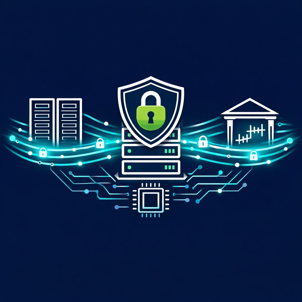High-performance financial trading infrastructure secured by hardware-based QUIC acceleration on FPGA, illustrating encrypted data streams between data centers, trading servers, and market venues, with security shield and lock icons representing TLS 1.3 protection, ultra-low latency communication, and reliable high-throughput networking for electronic trading and capital markets systems.