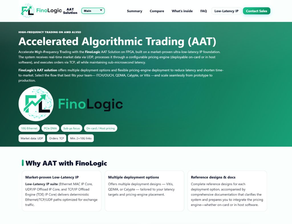 FinoLogic finance logic acceleration platform for algorithmic trading and fintech infrastructure, featuring FPGA-accelerated market data, sub-microsecond latency execution, and production-ready AAT architecture.