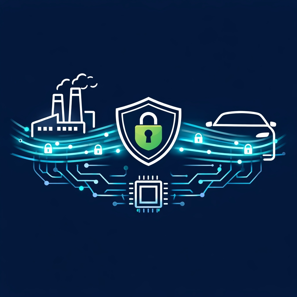 Industrial and automotive networking ecosystem secured by hardware-based QUIC acceleration on FPGA, showing encrypted data streams connecting smart factories and connected vehicles, with security shield and lock icons symbolizing TLS 1.3 protection, high-throughput communication, and reliable real-time data exchange for mission-critical industrial and in-vehicle networks.