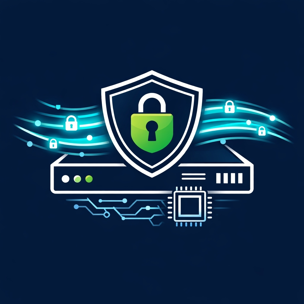 Secure edge gateway architecture featuring hardware-based QUIC acceleration on FPGA, with encrypted data flows, security shield, and lock icons representing TLS 1.3 protection, high-throughput packet processing, and reliable edge networking for enterprise, industrial, and mission-critical network deployments.