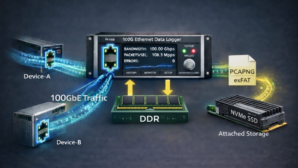 100G Ethernet Data Logger system architecture illustrating real-time traffic capture between network devices, DDR buffering, and sustained file-based recording to NVMe Gen5 SSD using NVMe-IP and exFAT2-IP for high-performance data center storage applications.