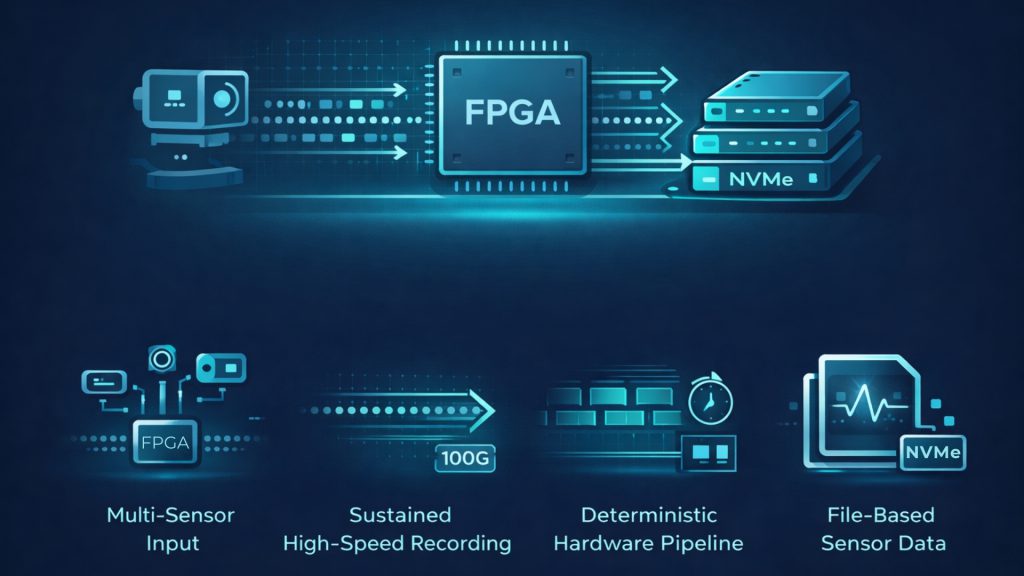 Illustration of a high-speed sensor data recording architecture showing multi-sensor input processed by an FPGA-based hardware pipeline and sustained 100G file-based recording to NVMe Gen5 SSD using NVMe-IP and exFAT2-IP, designed for scalable data center and storage-intensive applications.