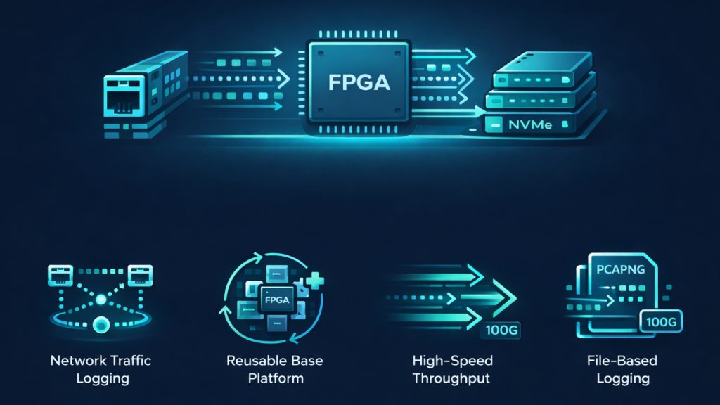Illustration of a high-speed 100G Ethernet network traffic logging architecture, showing data flow from network interfaces into an FPGA-based logging platform and sustained file-based recording to NVMe Gen5 SSD using NVMe-IP and exFAT2-IP for data center storage applications.
