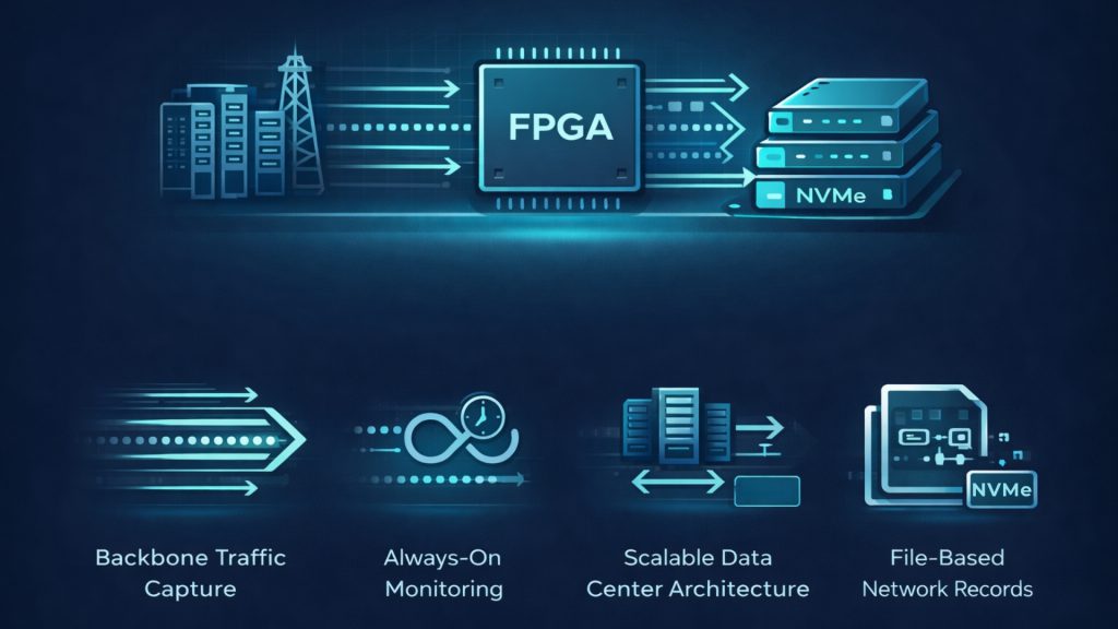 Illustration of a telecom and data center monitoring architecture showing backbone traffic capture processed by an FPGA-based logging platform and sustained file-based recording to NVMe Gen5 SSD using NVMe-IP and exFAT2-IP, enabling always-on, scalable 100G network monitoring for carrier-grade and data center environments.