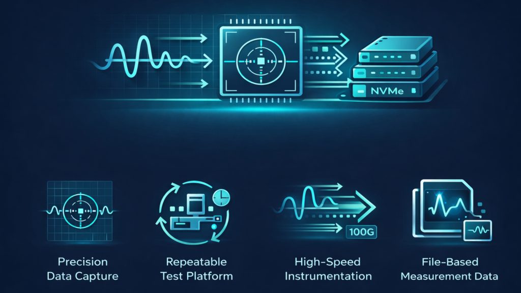 Illustration of an FPGA-based test and measurement data logging system capturing high-speed signals and recording sustained 100G Ethernet data to NVMe Gen5 SSD using NVMe-IP and exFAT2-IP, enabling precision data capture, repeatable testing, and file-based measurement storage for data center environments.